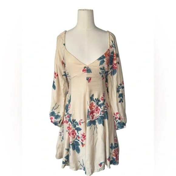 Free People Francesca Mini Dress Ivory Floral Long Sleeve V-Neck Size XSmall - Picture 4 of 9